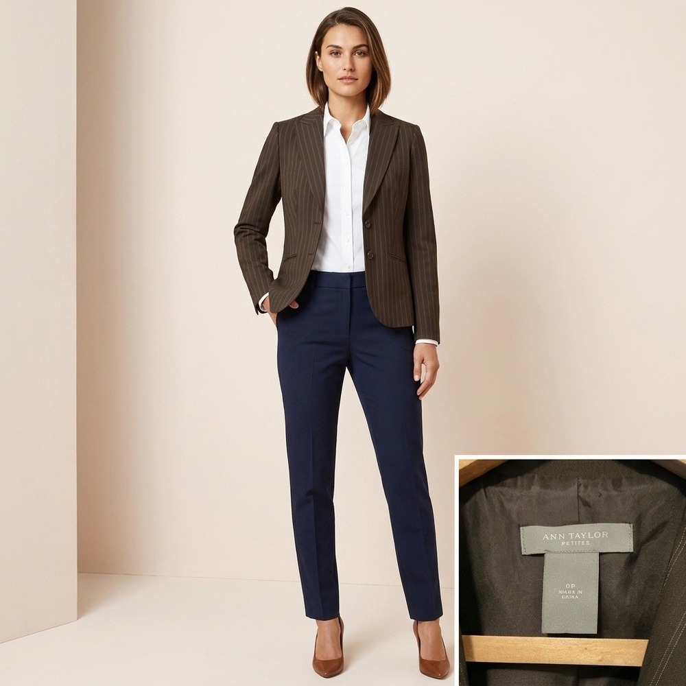 Ann Taylor Pinstripe Blazer Womens 0P Brown Excellent Tailored Two Button Jacket